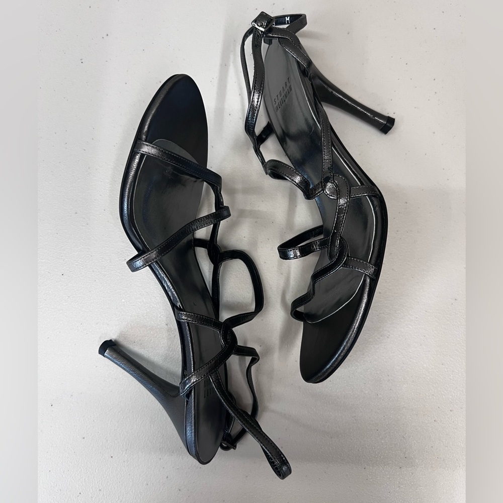 Stuart Weitzman Size 9 Pewter Gunmetal Leather Strappy Sandals Heels - Picture 8 of 15